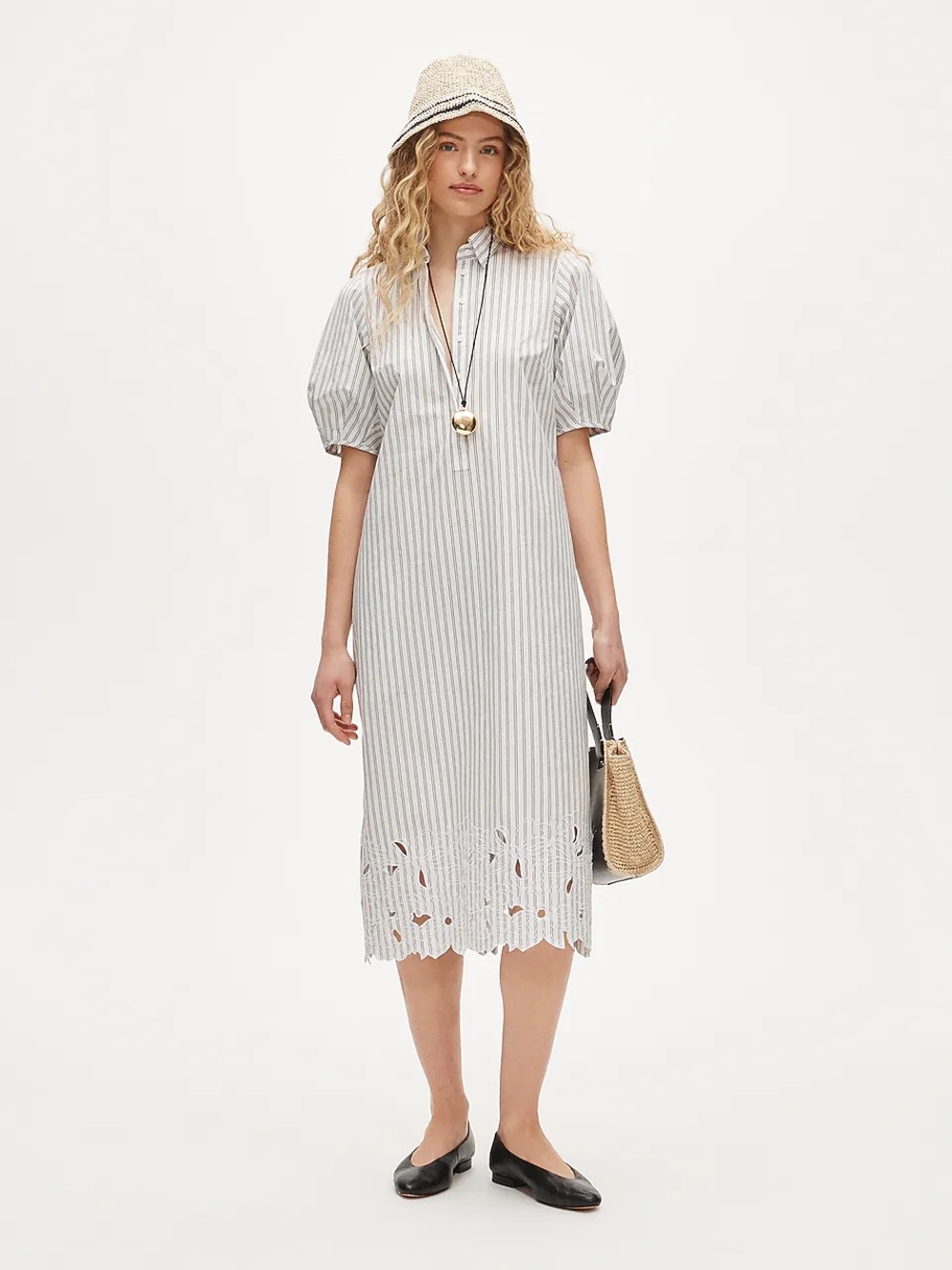 J. Crew Striped Puff-Sleeve Midi Dress in Light Gray and White